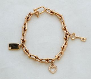 Rare Tiffany & Co 18k Rose Gold City Hardwear Link Charm Bracelet Diamond Heart