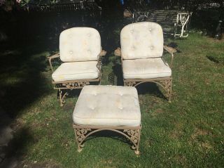 Vintage Woodard Aluminum Patio Set With Glider Rocker,  Lounge Chair And Ottoman