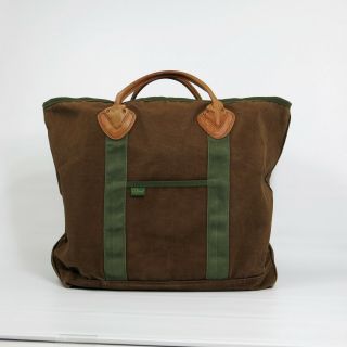 Vintage Ll Bean Tote Bag Leather Canvas Brown Green Boat