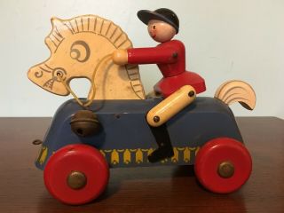 Vintage Walter Pull Toy - Rocking Jockey On Horseback 1950 