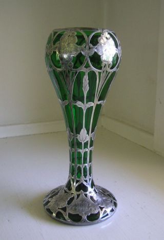 Art Nouveau Emerald Green Glass Sterling Silver Overlay Vase Sword Mark Monogram 10