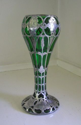 Art Nouveau Emerald Green Glass Sterling Silver Overlay Vase Sword Mark Monogram