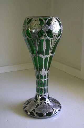 Art Nouveau Emerald Green Glass Sterling Silver Overlay Vase Sword Mark Monogram 2