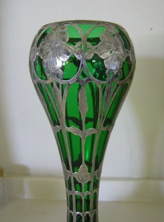 Art Nouveau Emerald Green Glass Sterling Silver Overlay Vase Sword Mark Monogram 3