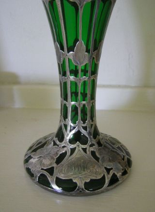 Art Nouveau Emerald Green Glass Sterling Silver Overlay Vase Sword Mark Monogram 4