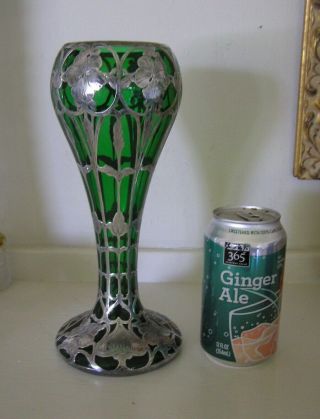 Art Nouveau Emerald Green Glass Sterling Silver Overlay Vase Sword Mark Monogram 5