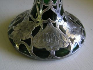 Art Nouveau Emerald Green Glass Sterling Silver Overlay Vase Sword Mark Monogram 6