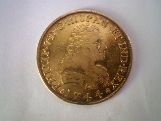 1744 Mexico 8 Escudos 8e Dollars Colonial Pesos Rare Gold Coin