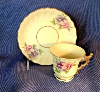 Yellow Demitasse Cup And Saucer - Purple Pink Violets Pansies - By Richard Japan
