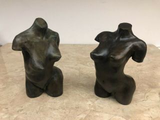 Vintage Solid Bronze Nude Female Torso Sculpture Bookends