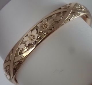 Antique Victorian Edwardian Deeply Engraved Gold Filled Flower Bangle Bracelet