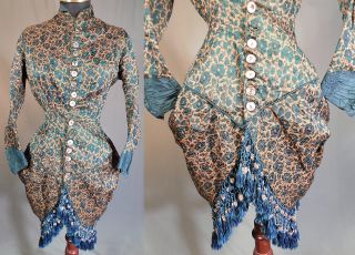 Victorian Blue Burnout Voided Velvet Silk Fringe Trim Polonaise Bustle Bodice