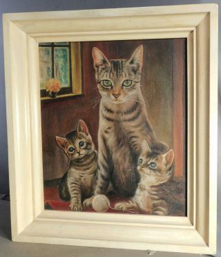 Vintage 1950s Mid Century Oil Painting Portrait 3 Cats Kitten Deep Picture Frame