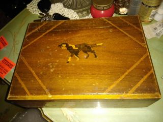 ✔✔wooden Vintage Box,  Cigar Box?,  Inlaid Dog On Lid