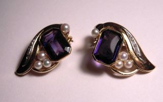 Vintage Retro Deco 18k Gold Amethyst Diamond Pearl Earrings Mid Century