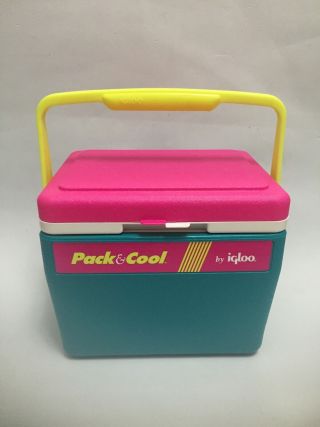 Vintage 1980s Pack & Cool Igloo Cooler Ice Chest Neon Yellow Teal Hot Pink White