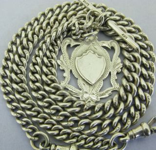 Antique Solid Silver Double Albert Watch Chain T - Bar & Fob 19 Inch Chester 1921