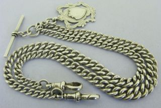 Antique Solid Silver Double Albert Watch Chain T - Bar & Fob 19 inch Chester 1921 2