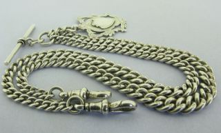 Antique Solid Silver Double Albert Watch Chain T - Bar & Fob 19 inch Chester 1921 3
