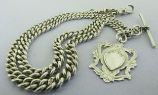 Antique Solid Silver Double Albert Watch Chain T - Bar & Fob 19 inch Chester 1921 5