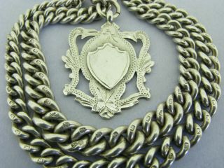 Antique Solid Silver Double Albert Watch Chain T - Bar & Fob 19 inch Chester 1921 8