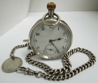 Lovely Antique 1918 Sterling Silver Pocket Watch & Albert Chain