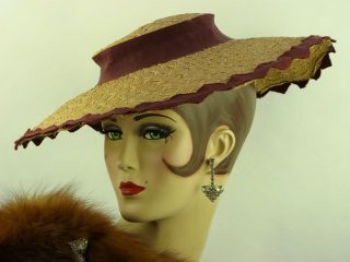 Vintage Hat 1940s Madame Paulette Wide Brim Tilt Hat,  Fine Straw & Plum Ribbon