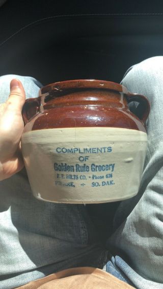 Antique Compliments Of Golden Rule Grocery Pierre South Dakota Bean Pot 2 Handle