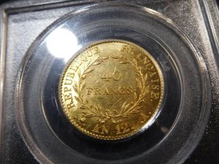 I183 France AN - 12 - A Premier Consul GOLD 40 Francs PCGS MS - 60 OBH Ex.  RARE in MS 2
