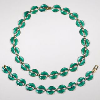 David Andersen Norway Green Enamel Sterling Leaf Necklace Bracelet Set
