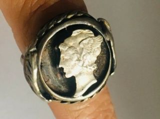 Ww2 Era Trench Art Ring Sterling Silver Cut Out Coin Mercury Dime Size 5.  5