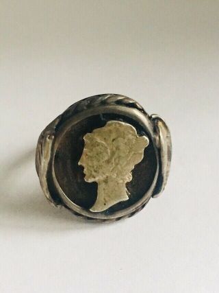 WW2 Era Trench Art Ring Sterling Silver Cut Out Coin Mercury Dime Size 5.  5 2