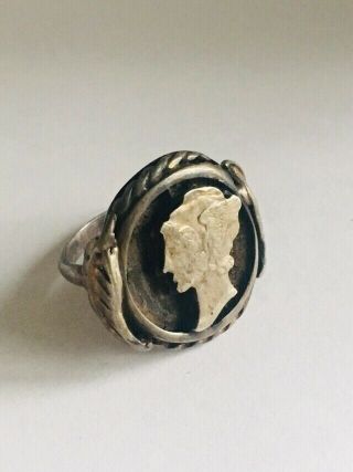 WW2 Era Trench Art Ring Sterling Silver Cut Out Coin Mercury Dime Size 5.  5 4