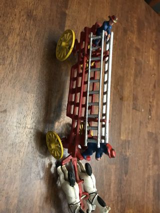 Antique Vintage Cast Iron Toy 2 Horse Drawn Fire Truck Wagon W/ 2 Ladders,  2 Men