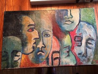 Vtg Antique Abstract Oil On Canvas " Faces " 1950s Signed