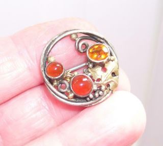 Gorgeous Antique Victorian Solid Silver Gold Citrine Carnelian Brooch Pin