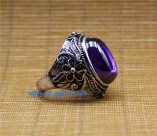 Unique Chinese Tibetan Silver Handwork Carved Flower Inlaid Zircon Ring