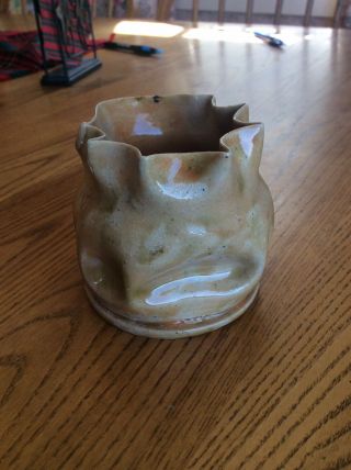 George E.  Ohr Early 1900 ' s Crumpled Tan Vase The Mad Potter Signed Rare 3