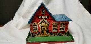 Vintage C1940 Tin Litho Red School House Bank By Us Metal Toy