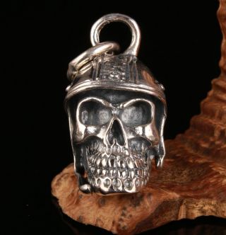 Real 925 Silver Hand Carving Skull Cool Statue Necklace Pendant Personality