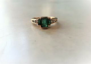 Vintage Deco Estate 14k Yellow Gold 1.  20ctw Emerald W/ Channel Set Diamonds Ring