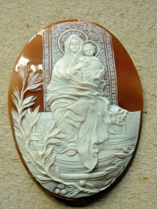 Very Fine Vintage Unmounted Religious Shell Cameo Virgin Mary Madonna Jesus