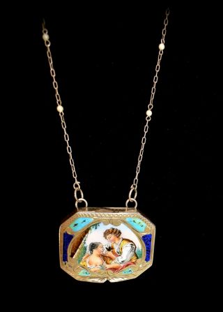 Gorgeous Italian 800 Silver Hand Painted Enamel Compact Locket Necklace Rare