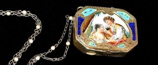 Gorgeous ITALIAN 800 Silver HAND PAINTED ENAMEL Compact Locket NECKLACE RARE 2