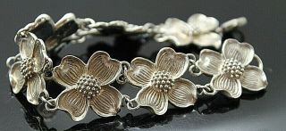 Hallmarked Stunning Textured Dogwood Flower Sterling Silver Link Bracelet 7.  5 "