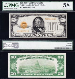 Rare 1928 $50 Gold Certificate Pmg 58