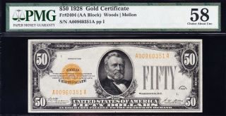 RARE 1928 $50 GOLD CERTIFICATE PMG 58 2