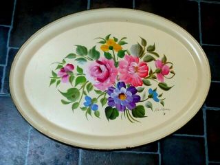 Vintage Nashco Large Oval Hand Painted Metal Tray Floral Toleware