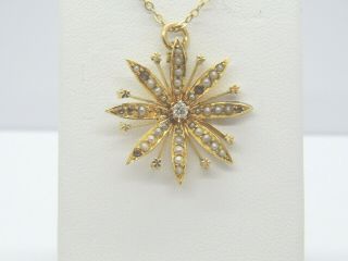 Antique 14k Gold Art Nouveau Deco Diamond Starburst Pearl Pendant Necklace Drop