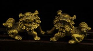 A Pair China Old Antique Hand Made Brass Lion Statue B01
